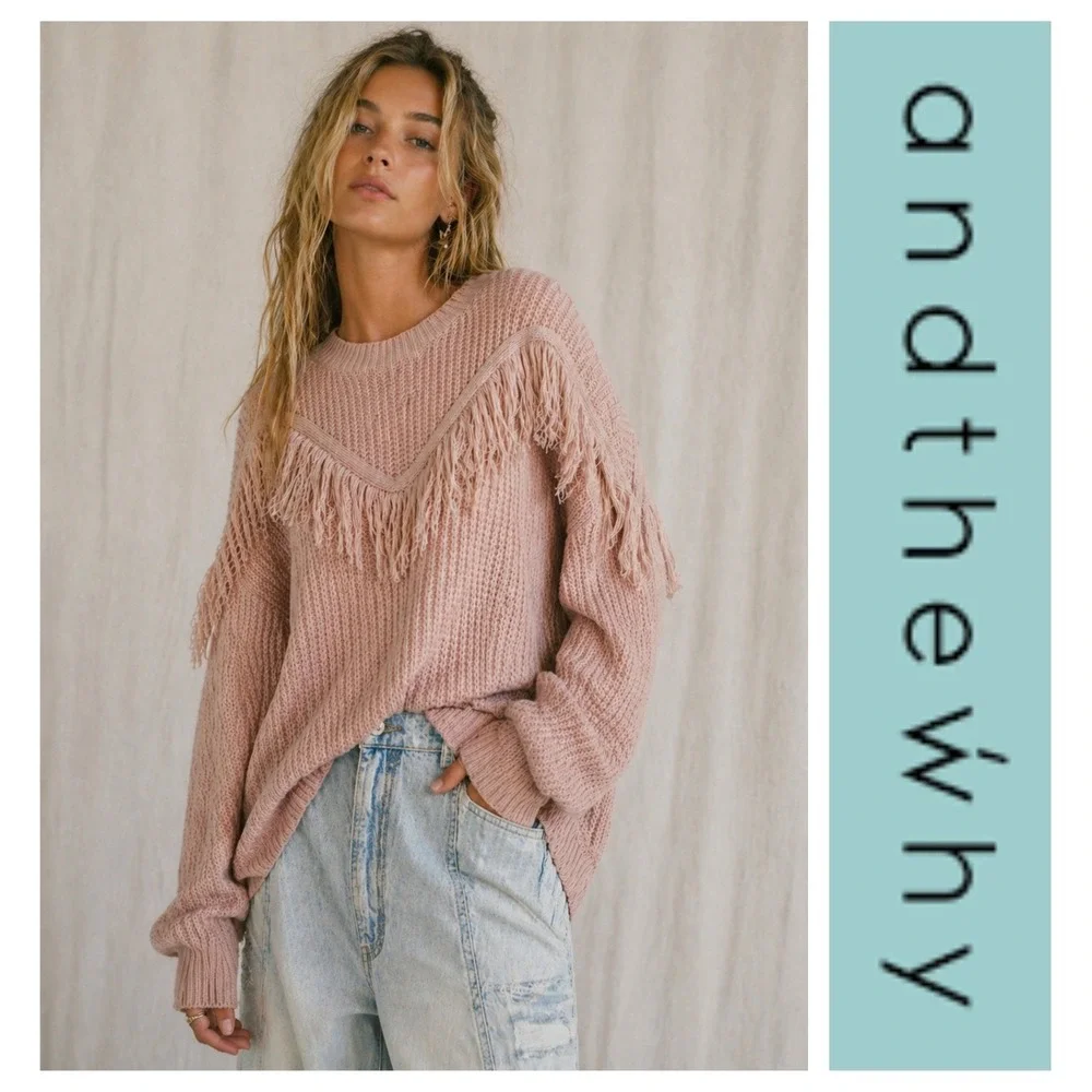 ANDTHEWHY Dusty Pink Fringe Long Sleeve Boxy Oversized Sweater Size M/L - Picture 1 of 8